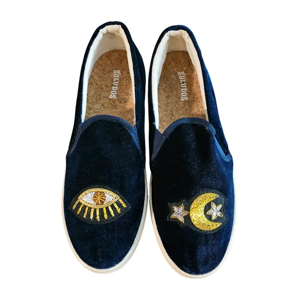 Soludos Navy Velvet Celestial Beaded Slip on Sneakers Size‎ 7.5